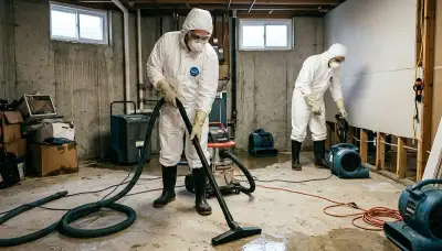 Topeka, KS water damage crew cleaning up a flooded basement for homeowners
