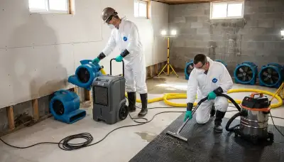Technicians cleaning a flooded basement in Topeka, KS for water damage restoration