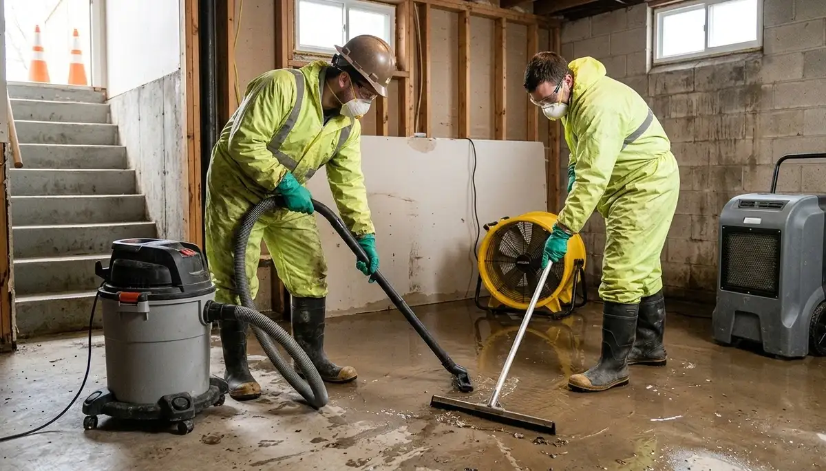 Water damage cleanup crew removing basement floodwater in Topeka, KS