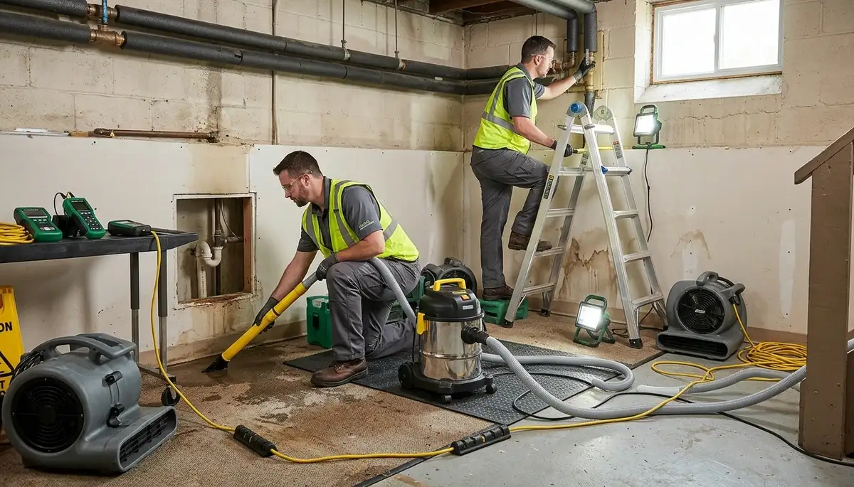 Topeka, KS water damage crew cleaning up burst pipe damage in a home