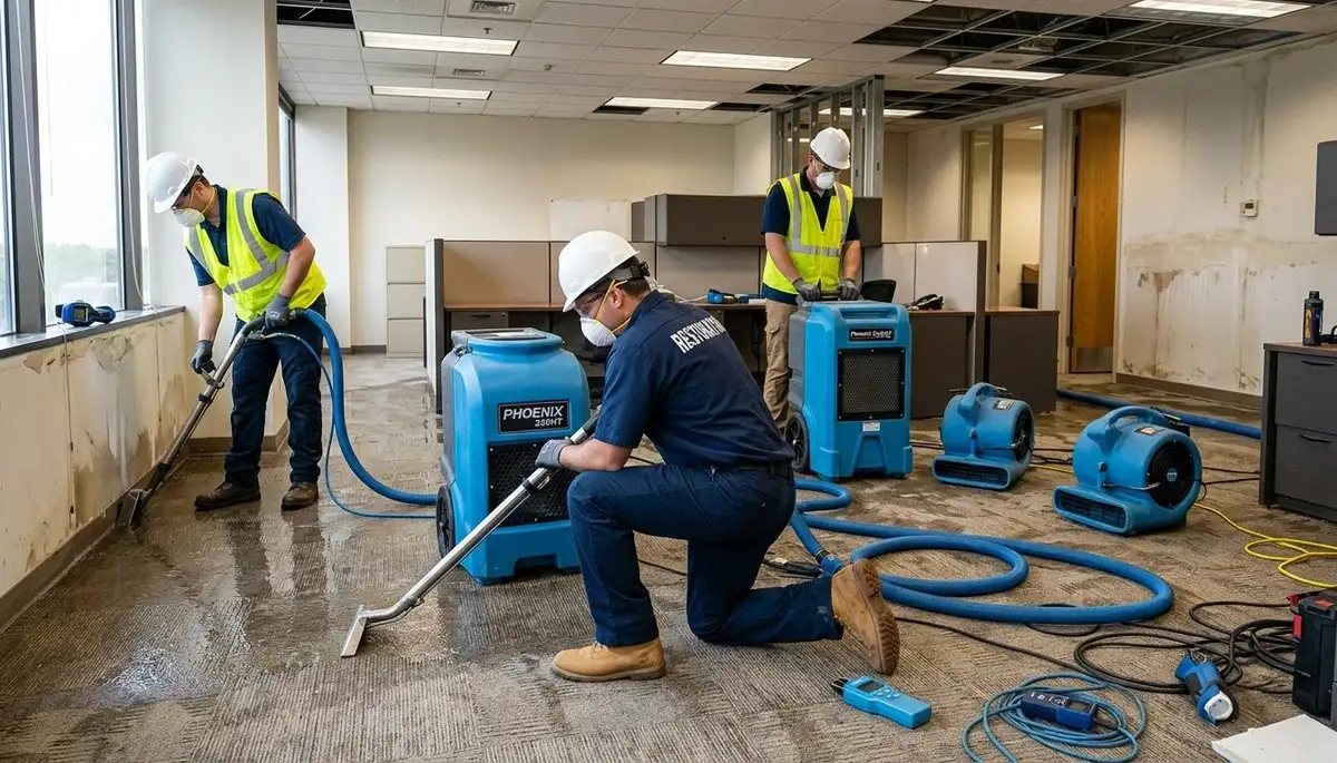 Commercial water damage restoration team in Topeka, KS drying flooded property and repairing damage