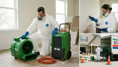 Topeka, KS water damage restoration team repairing flooded home interior with extraction equipment