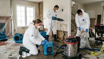 Water damage cleanup team in Topeka, KS removing flood water from a home interior