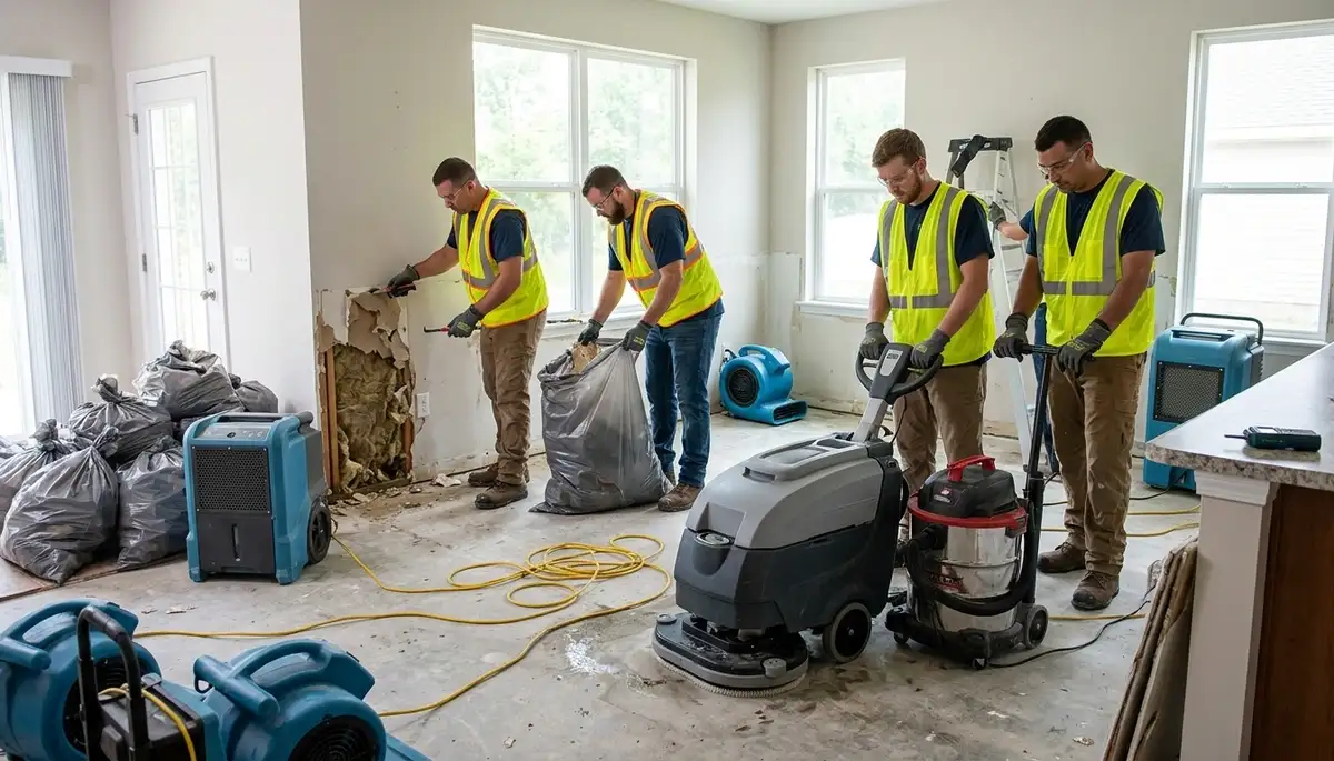 Water damage cleanup crew restoring flood-damaged home in Topeka, KS