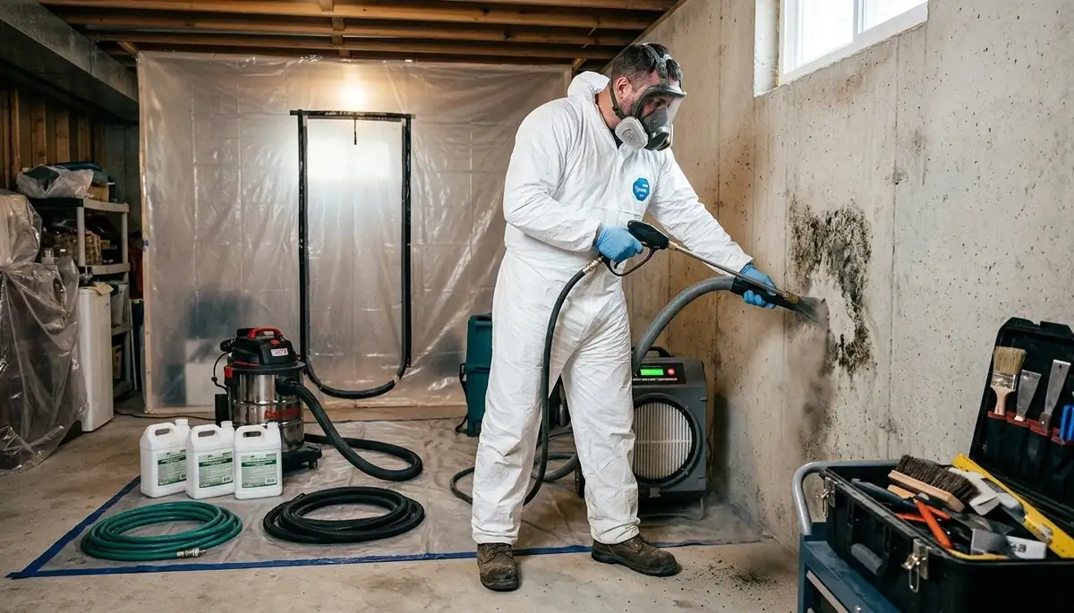 Mold removal technician inspecting water damage in Topeka, KS home