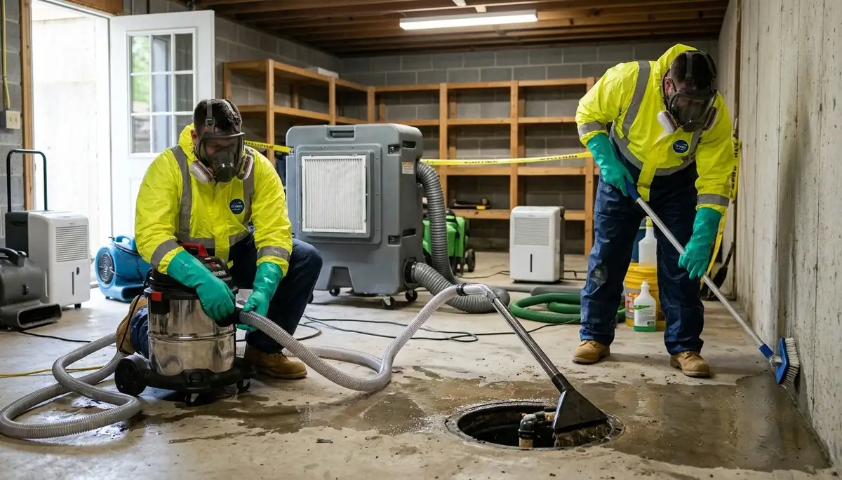 Topeka, KS sewage cleanup team removing contaminated water from a home after a backup