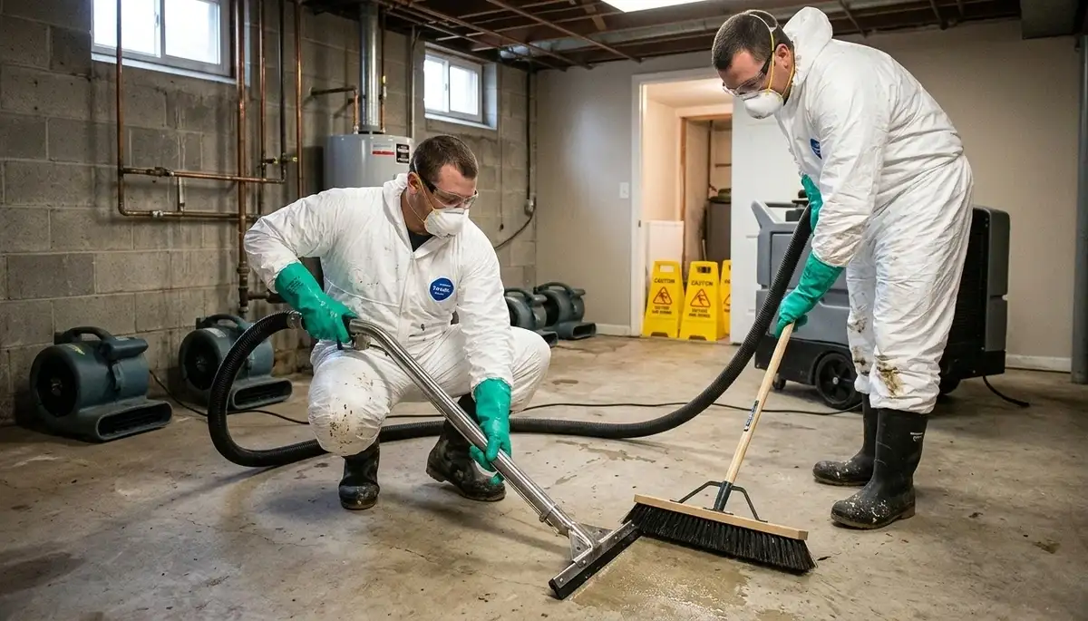 Sewer backup cleanup crew restoring a Topeka, KS home after raw sewage water damage