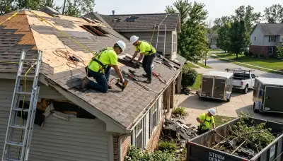 Topeka, KS storm damage restoration team repairing water damage in a home after heavy rain