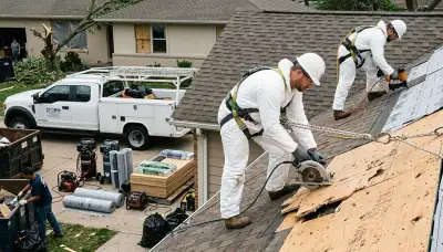 Storm damage restoration crew in Topeka, KS repairing water-damaged home after heavy rain