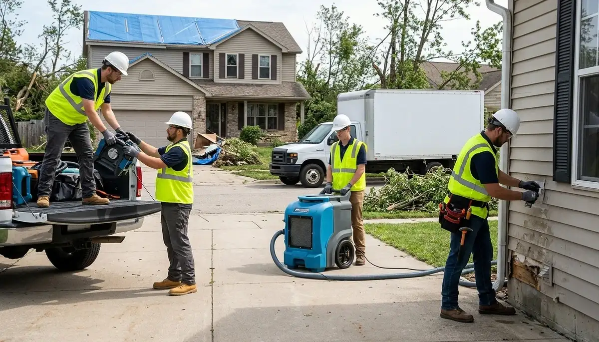 Storm damage restoration team in Topeka, KS inspecting home water damage after heavy rain