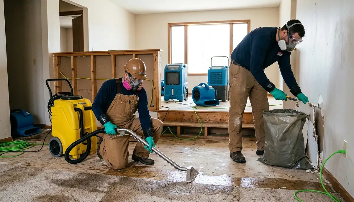Water damage restoration team serving Topeka, KS with emergency cleanup equipment