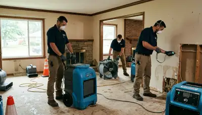 Topeka, KS water damage restoration team inspecting and drying a flooded home