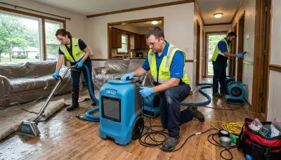 Water damage restoration team in Topeka, KS, inspecting flooded property and beginning cleanup