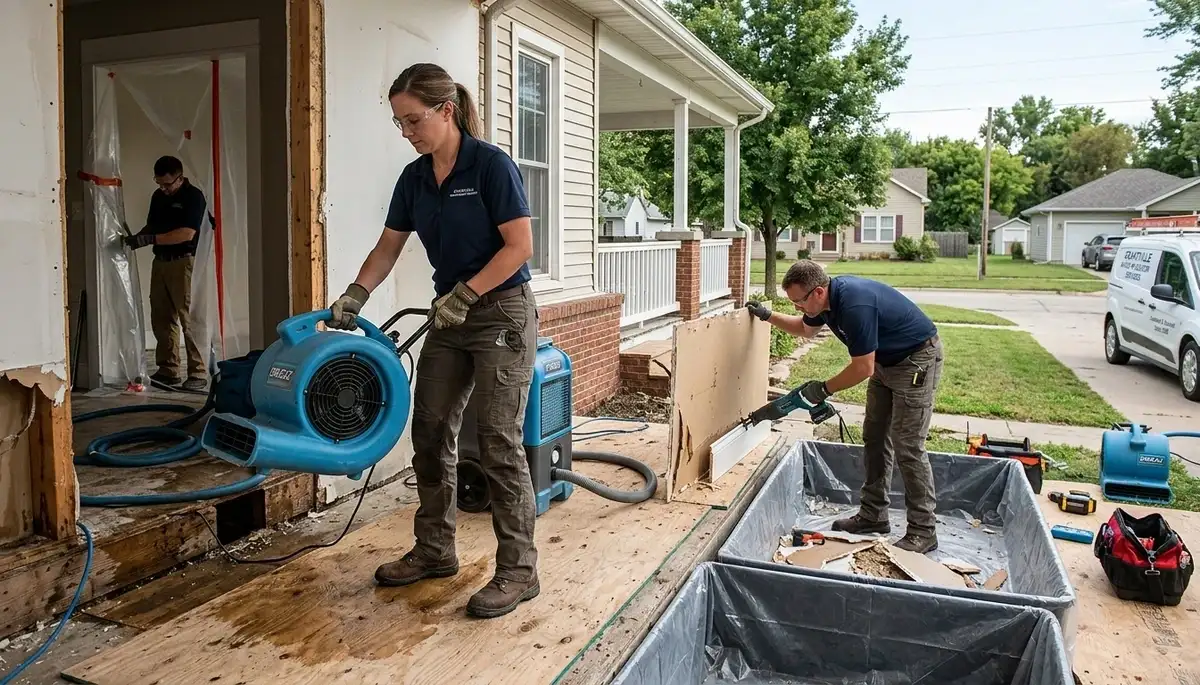 Water damage restoration team serving Topeka, KS with professional cleanup and drying equipment