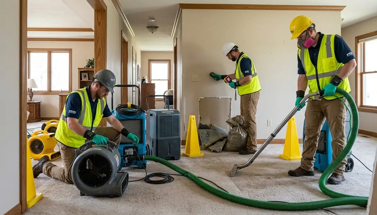 Water damage restoration team in Topeka, KS helping dry and repair a flooded property