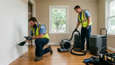Water damage restoration team in Topeka, KS inspecting flood damage in a home