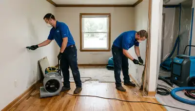 Water damage restoration crew in Topeka, KS inspecting flood damage in a home