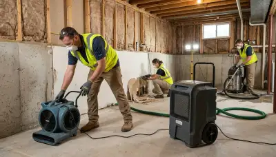 Topeka, KS water damage restoration team inspecting flood damage in a home