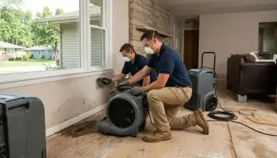 Water damage restoration team in Topeka, KS inspecting a flooded home and beginning cleanup