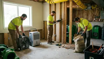 Water damage restoration team in Topeka, KS inspecting and drying a damaged property