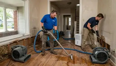 Water damage restoration team in Topeka, KS inspecting flood damage and drying a home