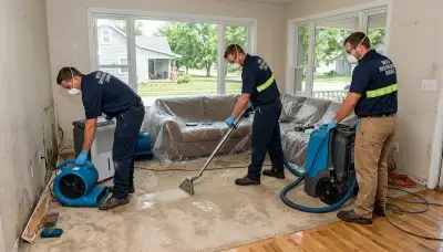 Water damage restoration team in Topeka, KS inspecting flood damage and drying a home