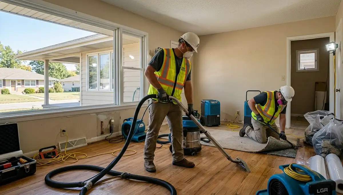 Water damage restoration team in Topeka, KS, performing water extraction and cleanup