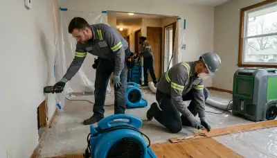 Water damage restoration crew in Topeka, KS inspecting a flooded home and drying equipment